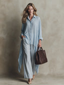 Women's Casual Loose-Fit Top With Asymmetrical Hem And Striped Pants Set ZMZ1081I9XT