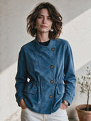 Women's Classic Retro Casual Faux Suede Jacket With Asymmetric Placket And Elastic Waist ZMZ0327I7ZYY