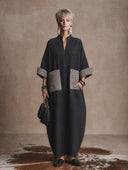 Women's Vintage-Style Casual Cotton-Linen Patchwork Plaid V-Neck Long-Sleeve Loose Maxi Dress ZMZ1465H1ZYY
