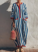 Women's Coastal Resort Style Cotton-Blend Stripe Print Henley Neck Three-Quarter Sleeve Kaftan Maxi Dress ZMZ0157F8YZH
