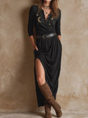 Women's Retro Casual Star And Moon Embroidered Cotton Henley Collar Long Sleeve Slit Maxi Dress ZMZ0708H8ZJY