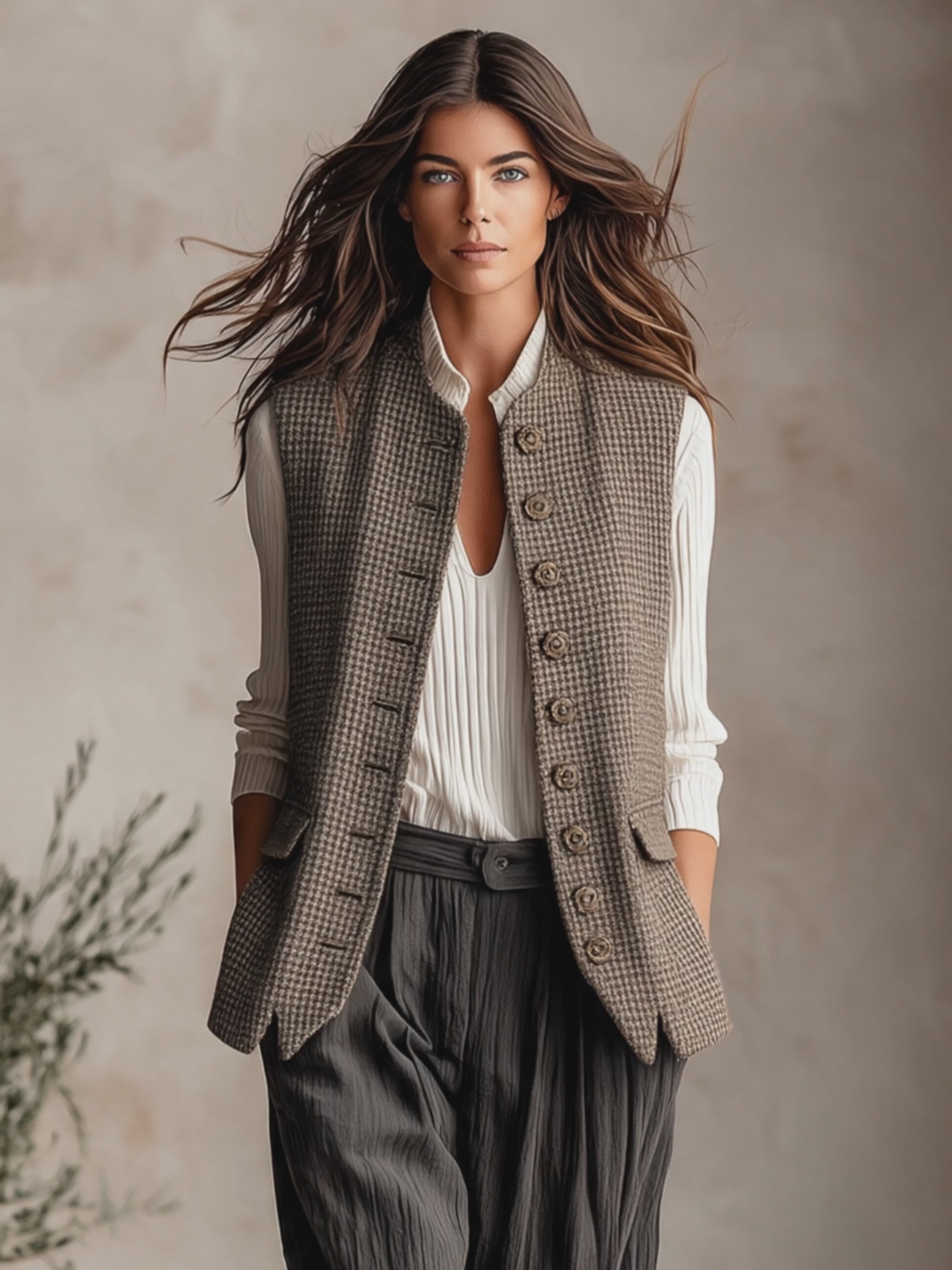 Women's Houndstooth Vest Stand Collar Sleeveless Waistcoat Multi Button Irregular Hem Pocket Vintage Layering Gilet For Fall ZMZ1826I7YZH
