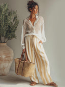 Women's Retro Casual Cotton Linen Long-Sleeve Shirt And Striped Pants Set ZMZ1500E7ZJY
