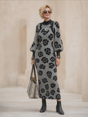 Women's Vintage Elegant Jacquard Knit Slim-Fit Dress With Crew Neck And Lantern Sleeves ZMZ2004H5ZYY