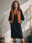 Women's Retro-American Style Faux Suede Zip-Up Vest And Square-Neck Lantern-Sleeve Knit Midi Dress Set ZMZ0362I9ZYY