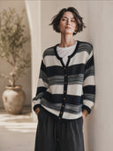 Women's Classic Retro Casual Horizontal-Stripe Single-Breasted Knit Cardigan ZMZ2008H5ZYY