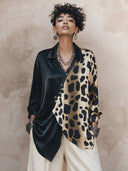 Women's Classic Acetate Satin V-Neck Color-Block Leopard Print Long-Sleeve Shirt ZMZ2681H3SWL