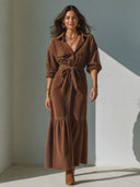 Women's Retro Casual Corduroy Lapel Long Sleeve Maxi Dress ZMZ2839G3ZJY