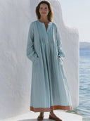 Women Premium Cotton Linen Accordion Pleated Front Maxi Dress Stand Collar Long Sleeve Pocket Contrast Hem Loose Vacation Caftan Dress ZMZ0116G5YZH