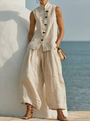 Women's Casual Resort Style Premium Linen Frog Button Vest & Wide Leg Pants Set ZMZ1215F7YZH