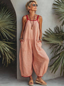 Women's Casual Pink Cotton-Linen Sleeveless Spaghetti-Strap Loose Jumpsuit ZMZ1968E9SWL