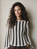 Women's Vintage-Style Elegant Black And White Vertical-Stripe Sweater With Crew Neck And Flared Sleeves ZMZ1734I1ZYY