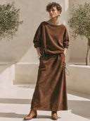 Women's Vintage Western-Style Faux Suede Crew-Neck Long-Sleeve Sweatshirt And Elastic-Waist Skirt Set ZMZ0403I6ZYY