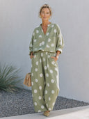 Women's Classic V-Neck Cotton Polka-Dot Long-Sleeve Top And Wide-Leg Pants Two-Piece Set ZMZ2466G1SWL