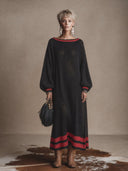 Women's Vintage-Style Elegant Loose-Fit Knit Maxi Dress With Round Neck And Lantern Sleeves ZMZ1700H1ZYY