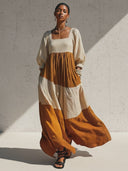 Women's Vintage Casual Square Neck And Lantern Sleeves Cotton-Linen Loose Maxi Dress ZMZ2496G3ZYY