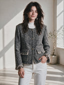 Women's Vintage-Style Elegant Tweed Jacket With Round Neck, Single-Breasted Closure, And Tassel Trim ZMZ0361I3ZYY