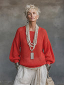 Women's Premium Minimalist Vintage Red Crew Neck And Lantern Sleeves Loose-Fit Sweater ZMZ2790G8ZYY