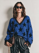 Women's Casual Street Style Star Jacquard V-neck Lace-trimmed Sweater ZMZ2628H6XT