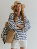 Women's Casual Horizontal-Stripe Cotton V-Neck Lantern Sleeves Shirt ZMZ2146G1ZYY