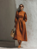 Women's Mock-Neck Long-Sleeve Linen Midi Dress ZMZ1093H4XT