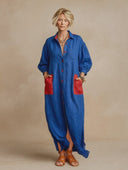Women's Classic Casual Cotton-Linen Color-Block Lapel Lantern-Sleeve Maxi Dress ZMZ2955G8ZYY