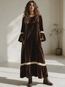 Women's Vintage Elegant Velvet Loose Maxi Dress With Round Neck And Flared Sleeves ZMZ0106I6ZYY