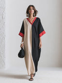 Women's French-style Elegant Cotton-linen Color-block V-neck Flared-sleeve Loose Maxi Dress ZMZ2485G6ZYY