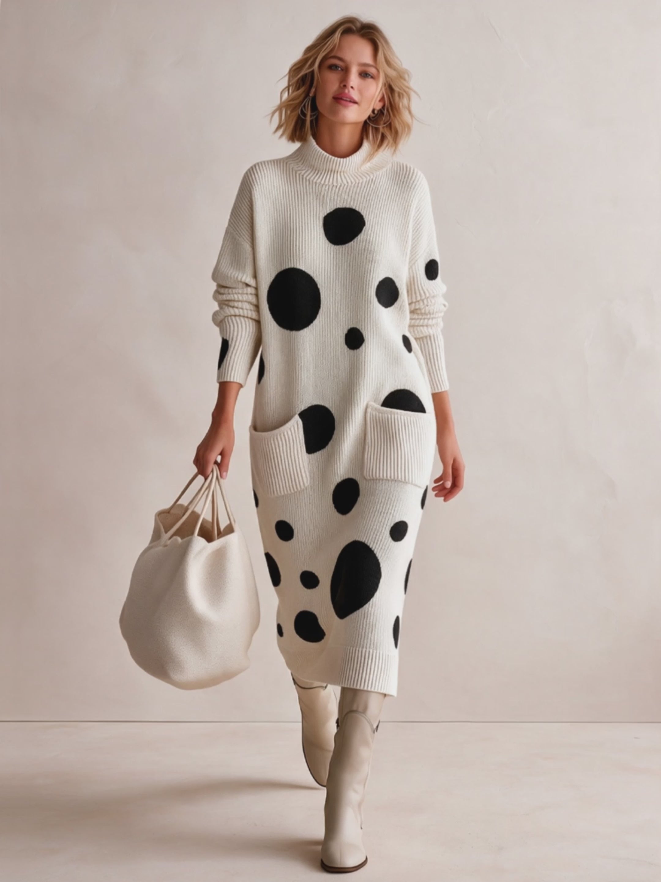 Women's Elegant Polka-Dot Long-Sleeve High-Stretch Knit Midi Dress ZMZ0723I6SWL