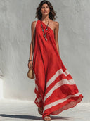 Women's Vacation-Style Cotton-Linen Color-Block One-Shoulder Loose Maxi Dress ZMZ1564E9SWL