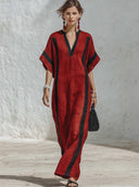 Women's Casual Retro Red & Black Color-Block Cotton-Linen — V-Neck, Short Sleeve, Loose Fit, Maxi Dress ZMZ2597E7ZYY