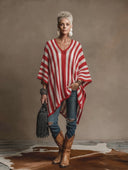 Women's Vintage-Style Elegant Red And White Vertical-Stripe Cape-Style Sweater ZMZ1309H3ZYY
