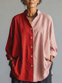 Women's Premium Minimalist Color-Block Cotton-Linen Paneling Stand-Collar Long-Sleeve Shirt ZMZ0226G7ZYY