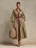 Women's Retro Casual Red Striped Color-Block Midi Shirt Dress ZMZ1966H3XT