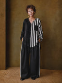 Women's Vintage-Style Casual Cotton-Linen Set: Vertical-Striped Long-Sleeve Shirt With Contrast Panels And Wide-Leg Pants With Elastic Waist ZMZ1788H2ZYY