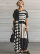 Women's Casual Retro Cotton-Linen Spliced  — Round Neck, Short Sleeve, Loose Fit, Maxi Length Dress ZMZ2153E0ZYY