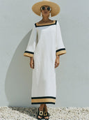 Women's Casual Vacation-Style Cotton-Linen Blend Patchwork Dress — Loose-Fit, Short-Sleeve, Square Neck Maxi Dress ZMZ0798E6ZYY