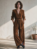 Women's Western-Style Faux Suede Long-Sleeve Belted Jumpsuit ZMZ0112I7ZYY