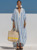 Women's Vacation V-Neck Striped Print Lace-Panel Maxi Dress ZMZ1059F8XT