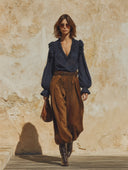 Women Ruffled V Neck Puff Long Sleeve Blouse & High Waist Loose Harem Pants 2 Piece Vacation Outfit ZMZ1280H3YZH