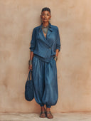 Women's Retro Dark Blue Cotton Linen Top And Lantern Pants Two-Piece Set ZMZ3137G9SWL