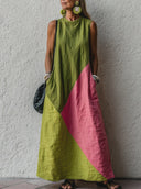 Women's Casual Retro Vacation-Style Dress — Color-Block, Round Neck, Sleeveless, Loose-Fit Cotton-Linen Maxi Dress ZMZ2504E1ZYY