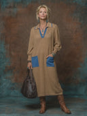 Women's Vintage-Style Casual Lapel Collar And Multiple Pockets Long-Sleeve Knit Maxi Dress ZMZ0780H0ZYY