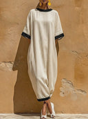 Women's Minimalist Contrast Trim Linen-Blend Cocoon Midi Dress ZMZ2060E4YZH