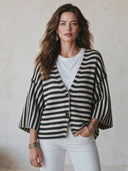 Women's Classic Retro Casual Black & White Striped V-Neck Single-Breasted Knit Cardigan ZMZ2628H5ZYY