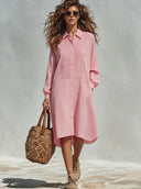 Women's Solid-Color Collared Pleated Long-Sleeve Cotton Midi Dress ZMZ0450F7XT
