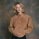 Women's Retro Suede Puff Sleeve Stand Collar Jacket ZMZ0186I1XT