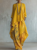 Women's Artistic Linen-Blend Asymmetrical Top & Floral Print Wide Leg Pants Two-Piece Set ZMZ2731D8YZH