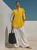 Women's Casual-Chic Cotton-Linen Striped With Stand Collar And Lantern Sleeves Shirt ZMZ2904G3ZYY