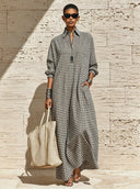 Women's Casual Plaid Long-Sleeve Maxi Dress With Collar ZMZ0802F7XT